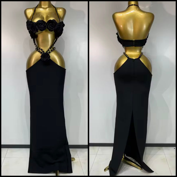 Women Black Sexy Floral Halter Sleeveless Cut Out Maxi Dress
