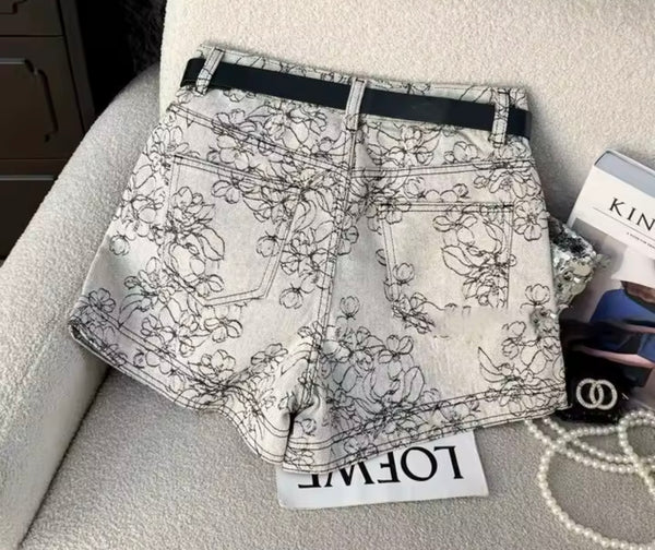 Women Fashion Gray Embroidered Floral Denim Shorts