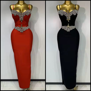 Women Sexy Sleeveless Crystal Rhinestone Maxi Dress