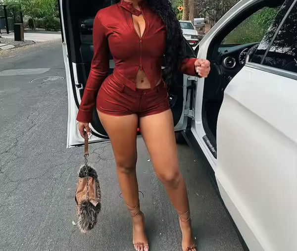 Women Color Fashion Faux Leather Jacket Two Piece Short Set