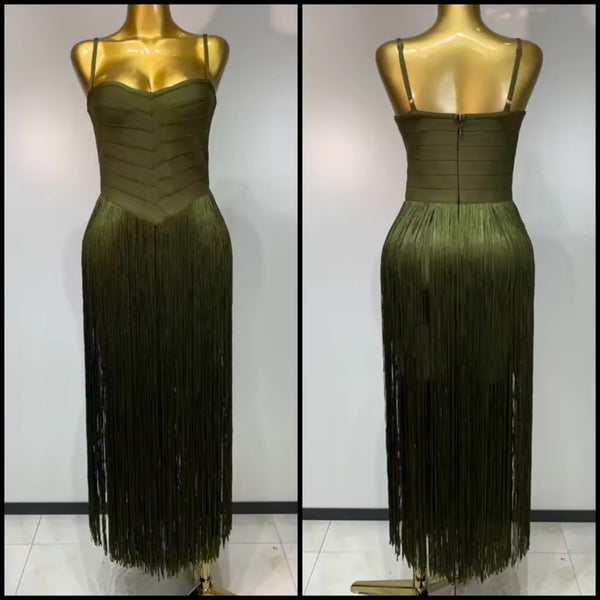 Women Green Sexy Sleeveless Fringe Tassel Maxi Dress