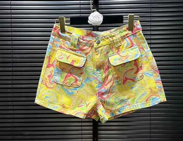 Women Fashion Yellow Printed Denim Shorts