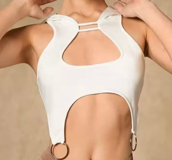 Women Fashion Sleeveless Hooded Metal Ring Crop Top