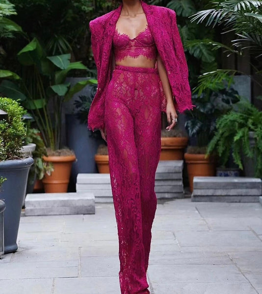 Women Sexy Fashion Lace Three Piece Pant Set