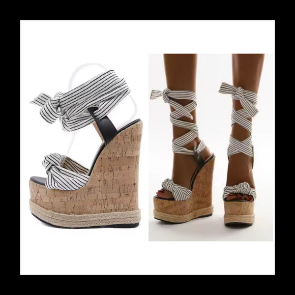 Women Fashion B&W Striped Wedge Lace Up Sandals