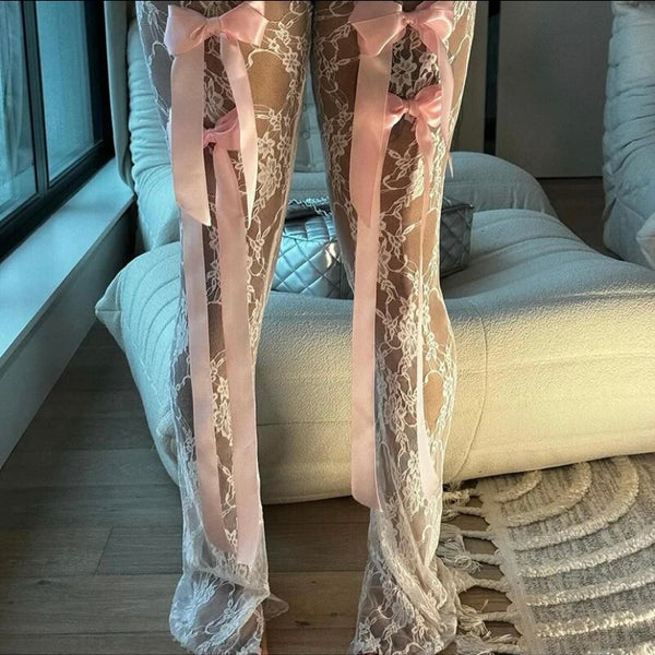 Women Sexy Fashion White Pink Bow Lace Pants