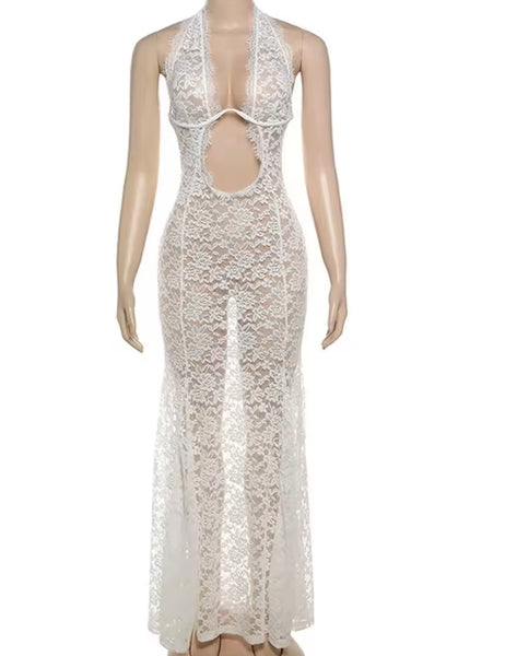 Women Sexy Halter Sleeveless White Lace Maxi Dress