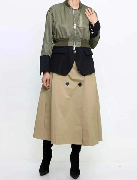 Women Fashion Color Patchwork Zip Up Trench Jacket