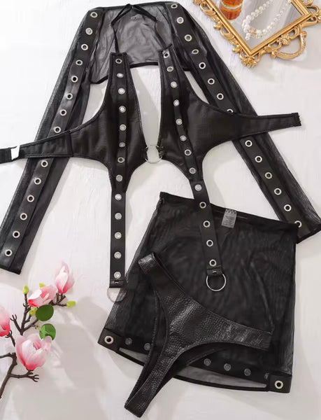 Women Sexy Black Metal Ring Mesh Lingerie Set