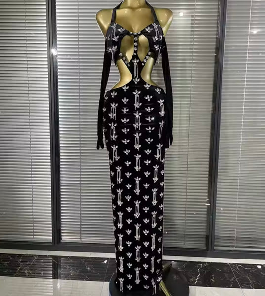 Women Sexy Black Halter Rhinestone Tassel Maxi Dress