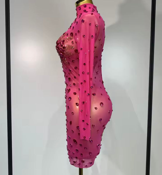 Women Sexy Bling Crystal Mesh Full Sleeve Dress