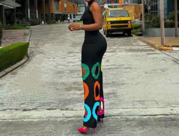 Women Black Sexy Sleeveless Color Cut Out Circle Maxi Dress
