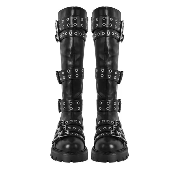 Women Black Buckled Round Toe Fashion Flat Knee High Boots