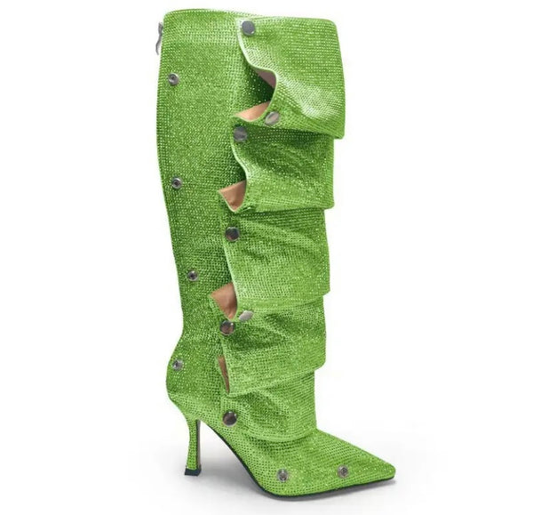Women Fashion Pointed Toe Bling Button Knee High Boots