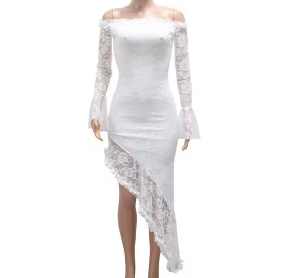 Women Off The Shoulder Full Sleeve Lace Asymmetrical Dress
