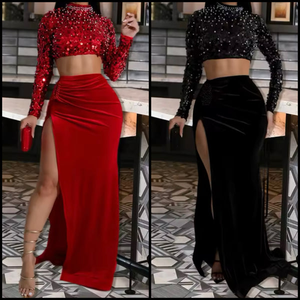 Women Sexy Sequins Full Sleeve Crop Two Piece Velour Skirt Set