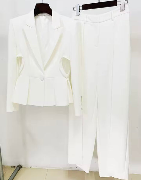 Women White Cut Out Mesh Button Up Blazer Two Piece Pant Set