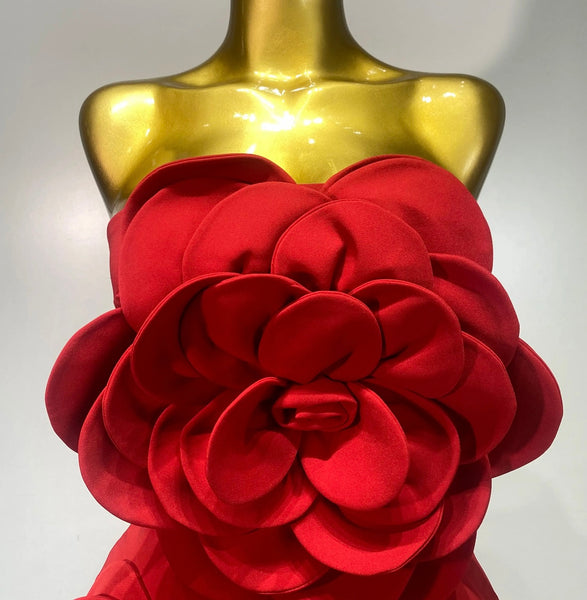 Women Red Strapless Sexy 3D Floral Back Zipper Dress