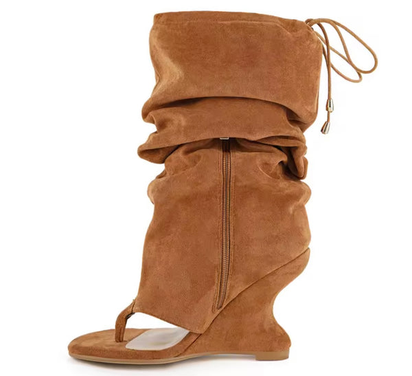 Women Fashion Suede Open Toe Wedge Ruched Drawstring Boots