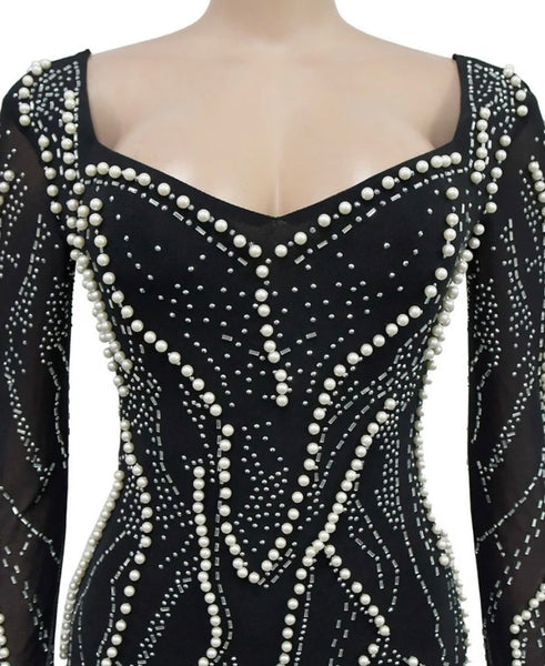 Women Sexy Pearl Bling Full Sleeve Mesh Dress