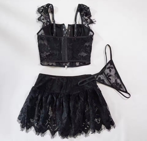 Women Sexy Black Bling PU Lace Lingerie Set