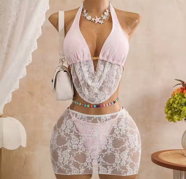 Women Sexy Tie Up Halter Lace Bikini Cover Up Set