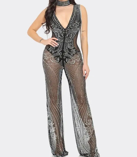 Women Sexy Sleeveless Mesh Bling Jumpsuit