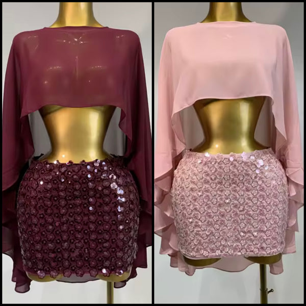 Women Sexy Mesh Crop Two Piece Sequins Skirt Set