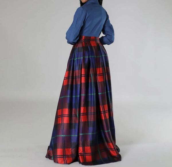 Women Sexy Fashion Button Up Denim Patchwork Plaid Maxi Dress