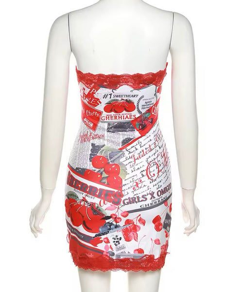 Women Sexy Strapless Cherry Print Lace Patchwork Dress