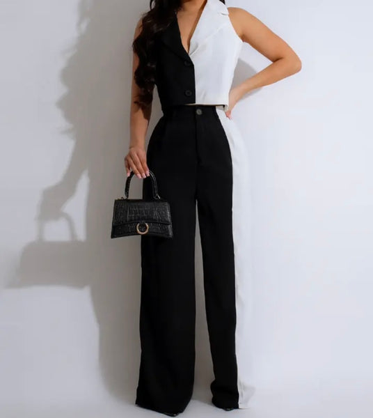 Women Fashion Sleeveless B&W Button Up Two Piece Pant Set