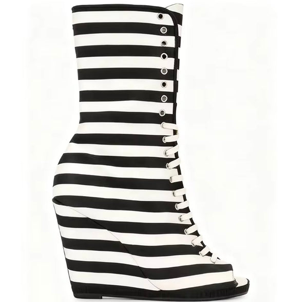 Women Fashion Open Toe B&W Striped Wedge Lace Up Ankle Boots