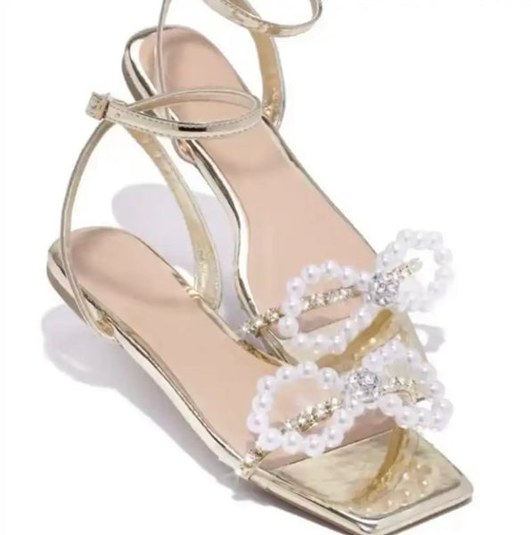 Women Fashion Rhinestone Pearl Ankle Strap Flat Sandals