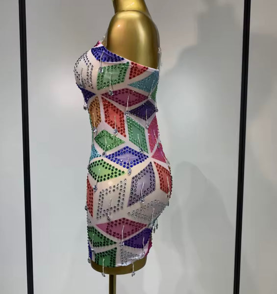 Women Sexy Strapless Colorful Crystal Mesh Dress