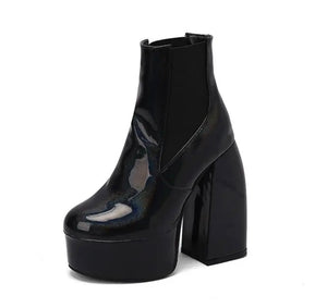 Women Fashion Round Toe Platform Patent Leather Ankle Boots