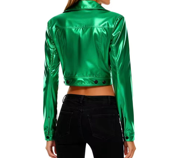 Women Fashion Color Zip Up Metallic PU Jacket