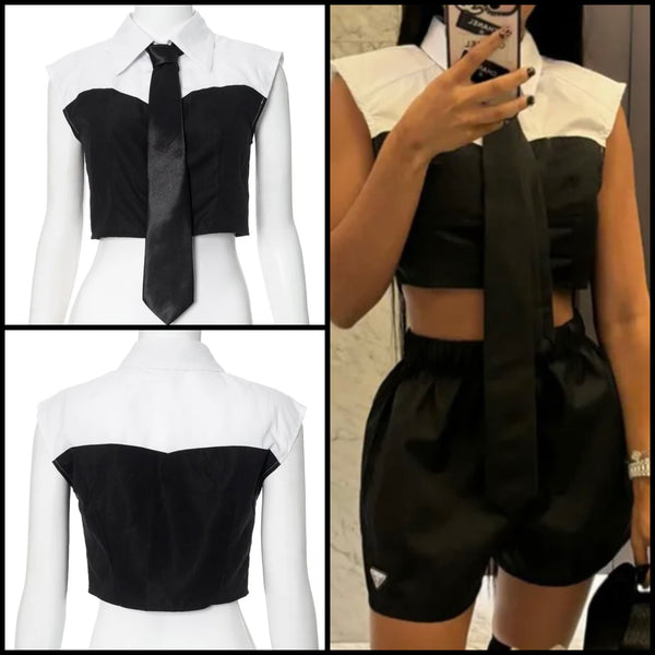 Women Fashion Sleeveless B&W Tie Crop Top