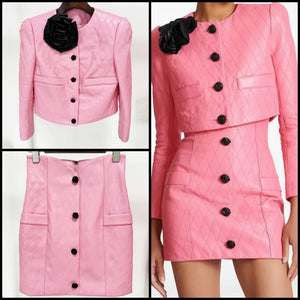 Women Pink Faux Leather Button Up Two Piece Fashion Skirt Set