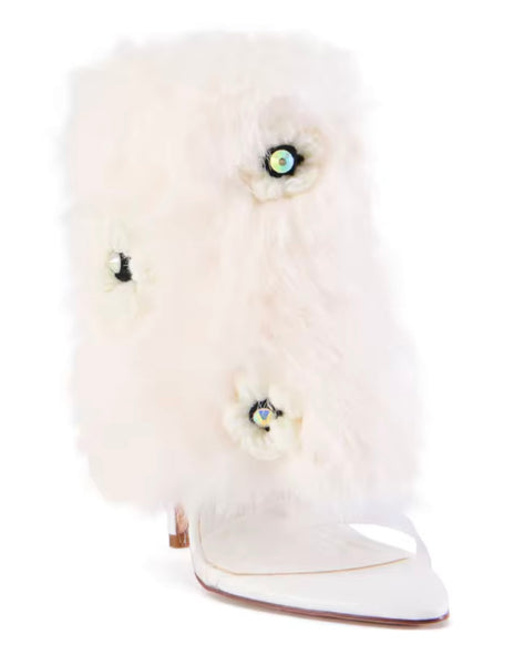 Women White Faux Fur Floral Fashion High Heel Ankle Boots