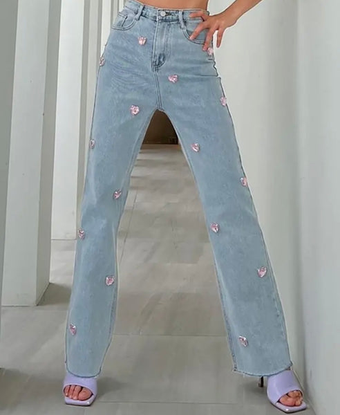 Women Fashion Pink Crystal Heart Patchwork Denim Pants