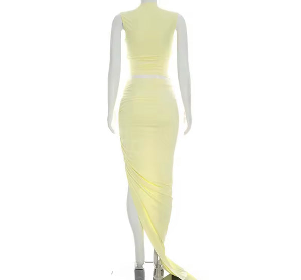 Women Sexy Sleeveless Yellow Two Piece Maxi Skirt Set