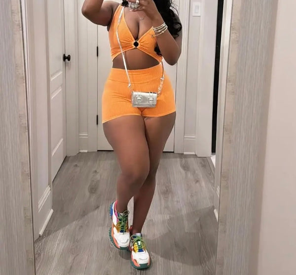 Women Ribbed Sleeveless Sexy Solid Color Two Piece Short Set