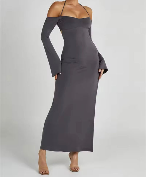 Women Sexy Gray Off The Shoulder Open Back Maxi Dress