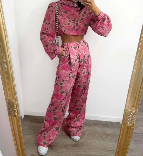 Women Fashion Pink Floral Print Full Sleeve Two Piece Pant Set