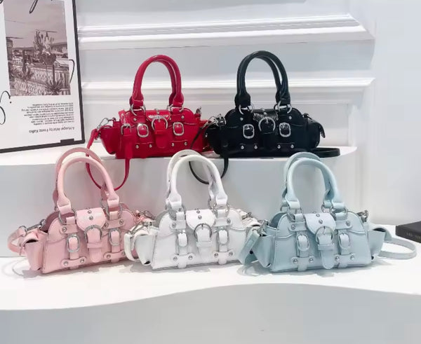 Women Fashion Color Buckled Faux Leather Handbag Purse