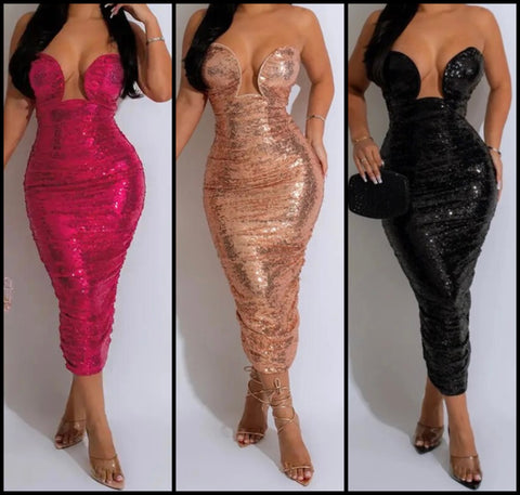 Women Sexy Strapless Sequins Solid Color Dress