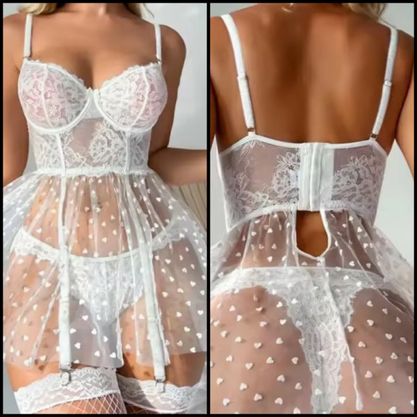 Women Sexy White Lace Heart Mesh Lingerie Set