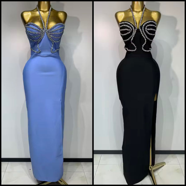 Women Sexy Rhinestone Halter Sleeveless Bandage Maxi Dress