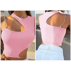Women Fashion Sleeveless Pink Chain Cut Out Crop Top