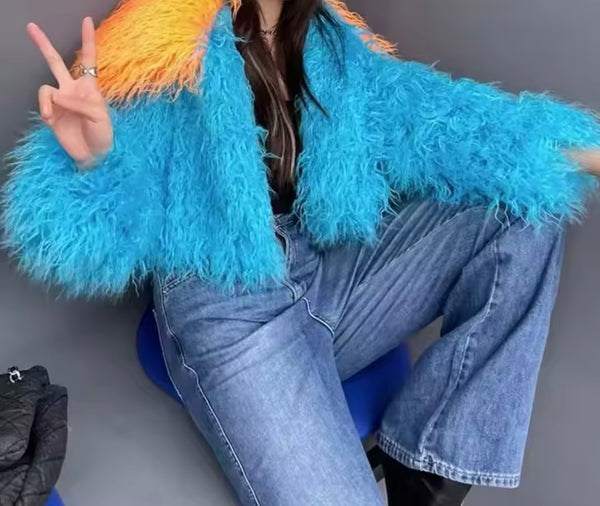 Women Color Patchwork Fashion Faux Fur Short Jacket